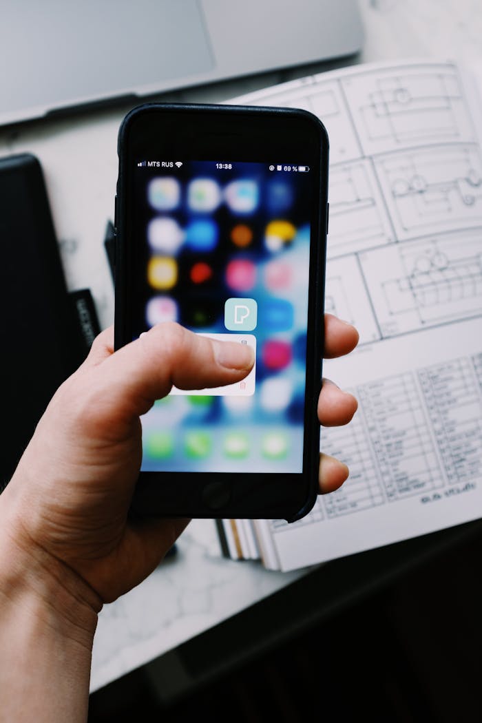 Close-up of a hand holding a smartphone with a visible app icon on screen.